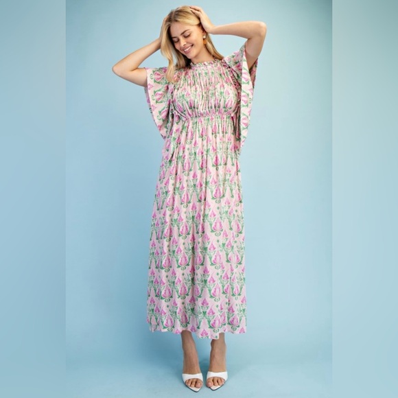 Dresses & Skirts - Floral Pink & Green Maxi Dress - Smocked Waist